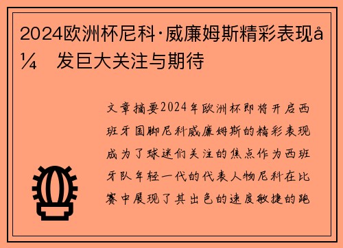 2024欧洲杯尼科·威廉姆斯精彩表现引发巨大关注与期待