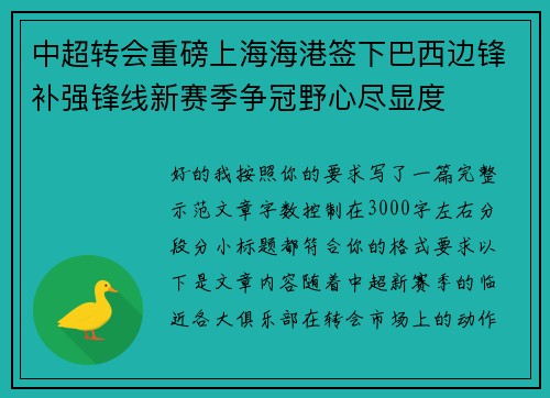 中超转会重磅上海海港签下巴西边锋补强锋线新赛季争冠野心尽显度