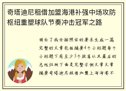 奇塔迪尼租借加盟海港补强中场攻防枢纽重塑球队节奏冲击冠军之路