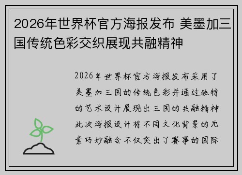 2026年世界杯官方海报发布 美墨加三国传统色彩交织展现共融精神