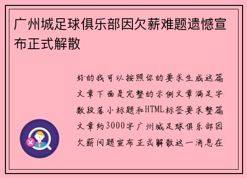 广州城足球俱乐部因欠薪难题遗憾宣布正式解散 广州城足球俱乐部因欠薪难题遗憾宣布正式解散