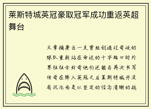 莱斯特城英冠豪取冠军成功重返英超舞台 莱斯特城英冠豪取冠军成功重返英超舞台